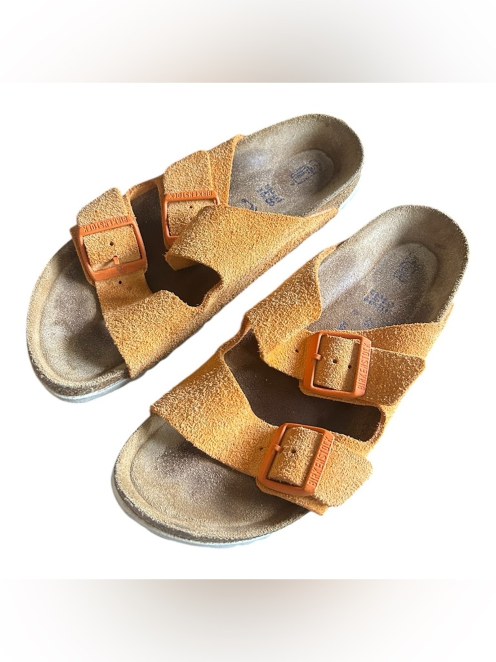 Birkenstock Orange Suede Two-Strap Slide Sandals